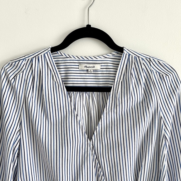 Madewell Wrap Blouse Striped Blue and White with Bow and Buttons Size XS - Picture 2 of 15